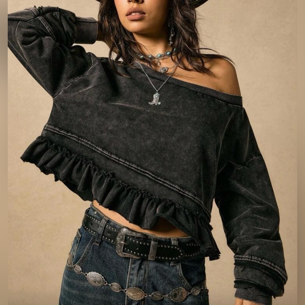 Black Off-Shoulder Ruffle Top - Picture 9 of 13